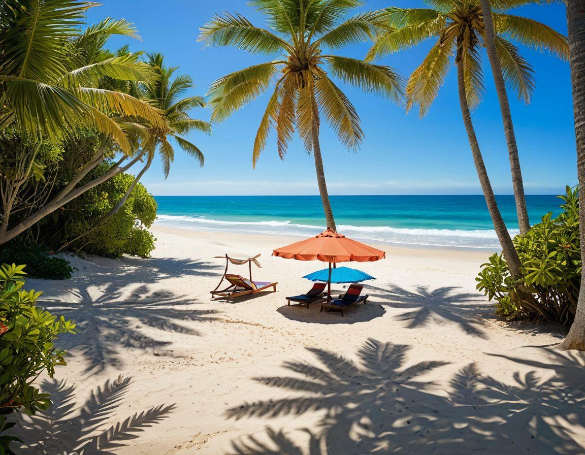A serene beach scene featuring a variety of nudists enjoying the sun and ocean, surrounded by lush greenery and tropical flowers. Emphasize a sense of freedom and relaxation, with a clear blue sky and soft waves lapping at the shore. Include elements like hammocks and beach umbrellas, with diverse individuals engaging in activities such as yoga, reading, and socializing. Capture the beauty of nudist retreats as a place to unwind and connect with nature. super-realistic. vibrant colors. tropical theme.