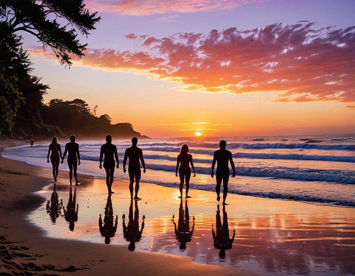 A serene beach scene with diverse nudist individuals enjoying sunbathing, beach games, and relaxation, surrounded by lush greenery and soft waves. Include vibrant colors in the sky at sunset, with a sense of camaraderie and freedom among the people. The atmosphere should convey a message of acceptance and joy in nature. super-realistic. vibrant colors. tranquil setting.